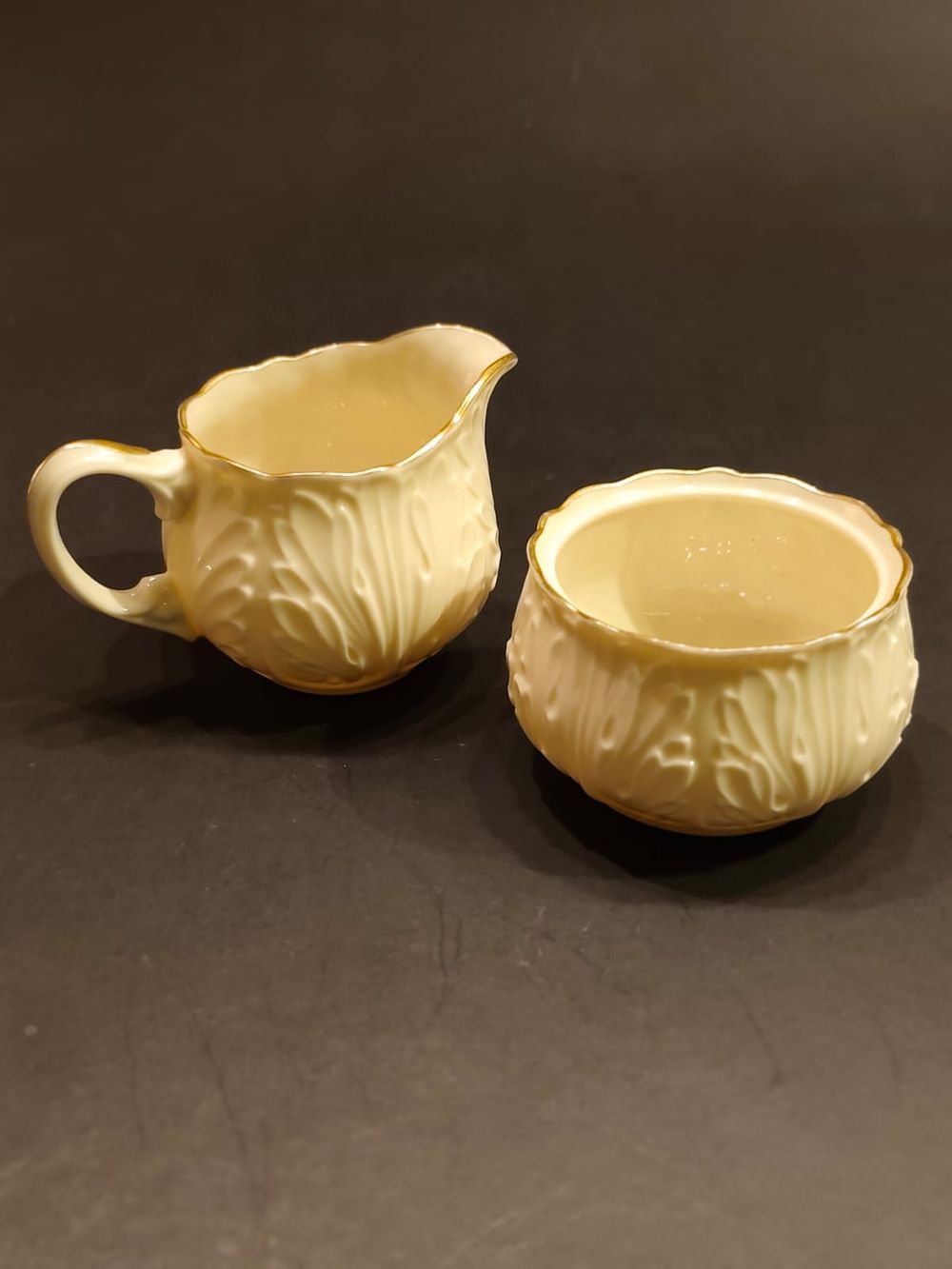 Lenox (American Belleek) cottage creamer and sugar bowl. Ivory with Embossed Leaves pattern. (Cr 