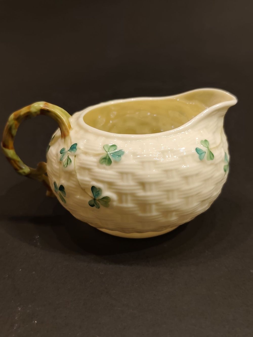Belleek creamer / milk jug. Fields of Shamrock pattern. 4th period. Green Mark (1946-1955). 