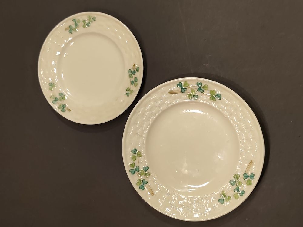 Belleek saucer and side plate. Fields of Shamrock pattern. 3rd period. Black Mark (1926-1946). 