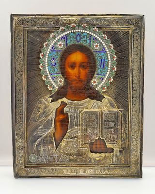 1908-1917 Замечательная икона Господь Вседержитель. Серебро 84. Эмаль. 22х18. Дерево, серебро