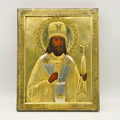 1898-1908 Редкая икона Феодосий Черниговский чудотворец. Серебро 84. Святитель Феодосий 