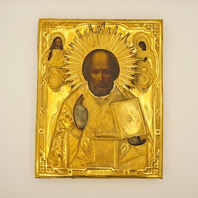 1862г. Замечательная икона Николая Чудотворца в серебряном окладе. Качественное академическое 