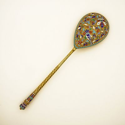 1898-1908 Огромная ложка для меда, варенья. Серебро 84, Эмаль. Густав Клингерт. Длина ~19,5см 