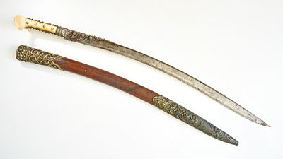 1823г Огромный булатный турецкий ятаган. Серебро, кораллы, бирюза. Крайне редкий образец 