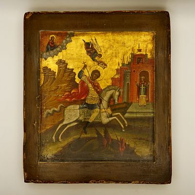 18-19 век. Редкая икона Георгий Победоносец. Аналой. Левкас, письмо темперными красками по 