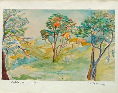 Кафенгауз Т.А. Боброво "Нюшин Сад" 1920-е г. Бумага, акварель. 21,8х34,7 см. Рисунок наклеен на 