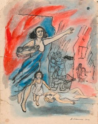 Кафенгауз Т.А. Мать с детьми. 1942 год. Бумага, тушь, акварель. Лист наклеен на картонную 