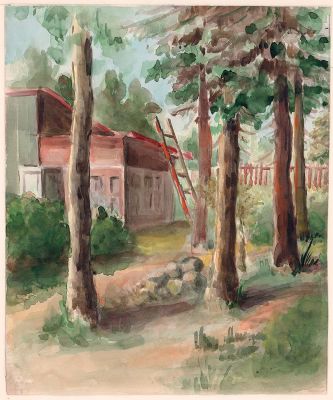 Коган Е.И. На даче. 1950-60-е гг.. Бумага, акварель. Подложка 44,5х36 см, лист 35,3х28,7 см. 