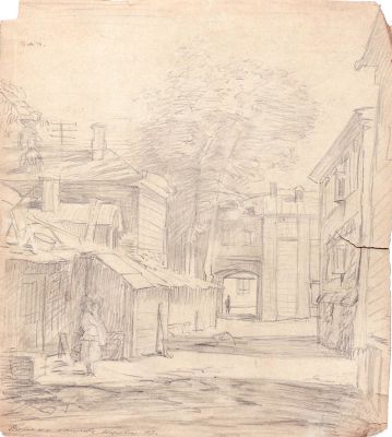 Коровин Ю.Д. Дворик 13авг, 1949 г. Бумага , карандаш. 42х37 см. В левом нижнем углу авторская 