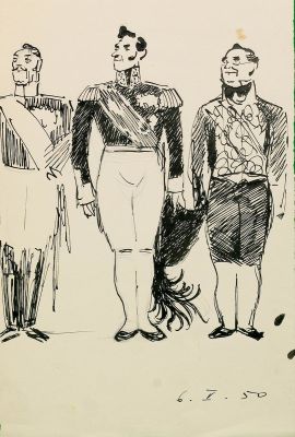 Кузьмин Н.В. Трое. Иллюстрация к книге Лескова Н. "Левша" 1950. Тушь, перо, карандаш. 24х15,5 