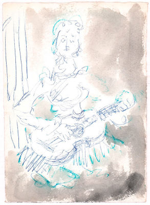 Фонвизин А.В. Игра на гитаре. 1950-е гг. Бумага, чернила, акварель, перо. Лист 20х14,3 см. 