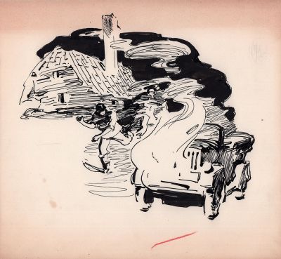 Фридман Р.А. Горящая машина. Иллюстрация к журналу "Костер". Бумага, тушь, перо. 27,8х30 см. 