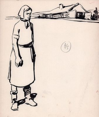 Фридман Р.А. Колхозница. Иллюстрация к журналу "Костер". Бумага, тушь, перо. 24х20 см. Сгиб 