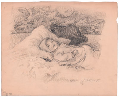 Цельмер В.А. В кроватке. 1944 г. Бумага, граф. карандаш. Лист 26,7х32,6 см. Хорошая сохранность. 