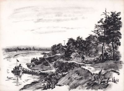 Цельмер В.А. На берегу. 1950-е гг. Бумага, тушь. Лист 28х38 см. Хорошая сохранность. Цельмер 