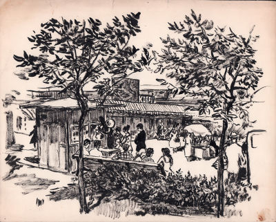 Цельмер В.А. У магазина "Ковры". 1950-е гг. Бумага, тушь. Лист 29,5х36,6 см. Надрывы по 