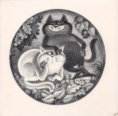 Чижиков В.А. Коты. Бумага, тушь, перо. Лист 31х32 см. Подпись художника в нижнем правом углу. 