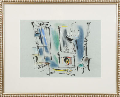 Траугот Г.А.В. Зимой у камина. 2005 г. Бумага, тушь, белила, мелки, 27,5х38,5 см в свету. 