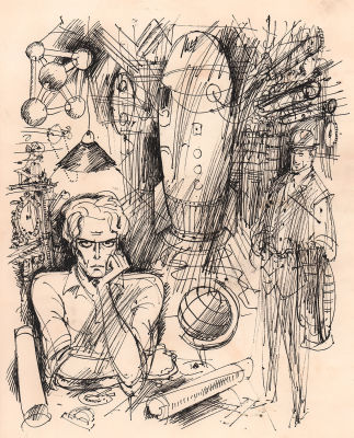 Гуревич Б.А. Инженер Лось. Вариант иллюстрации к книге А. Толстого "Аэлита" 1977 г. Бумага 