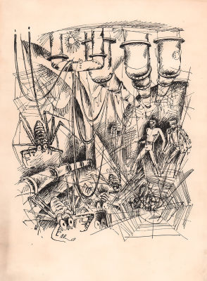 Гуревич Б.А. Встреча с пауками. Вариант иллюстрации к книге А. Толстого "Аэлита" 1977 г. Бумага 