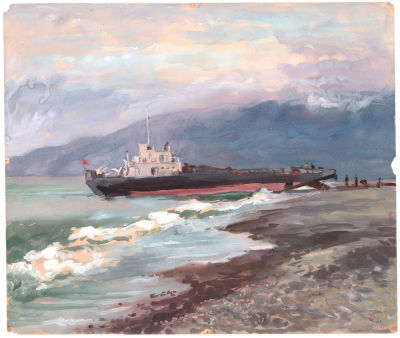 Десницкий В.М. Берут гравий. 1961 г. Бумага, гуашь. Лист 42х49,7 см. Временные повреждения. Десн 