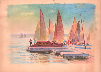 Десницкий В.М. Яхты у берега. 1960 -е гг. Бумага, акварель, мелки. Лист 36,5х51 см. Десницкий 