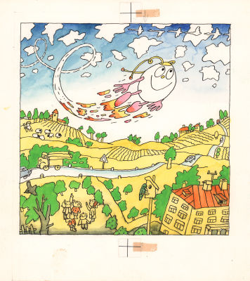 Дмитрюк В.А. Полет. Оригинал иллюстрации к детскому журналу "Мурзилка". №8, 1985 г. Бумага 