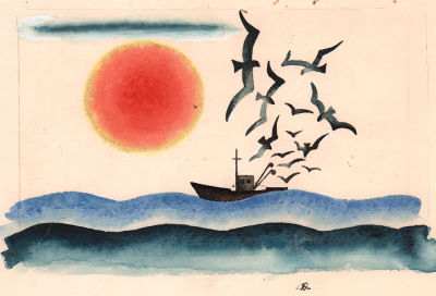 Добрицын А.И. Пароходик и чайки. 1970-е. Бумага, акварель. Лист 12,5х18,5 см. Добрицын Александр 