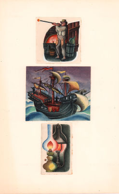 Добрицын А.И. Стеклодув, корабль и керосиновая лампа. 1970-е. Бумага, акварель. Три рисунка на 