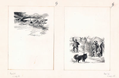 Дронова Н. Самолет прилетел. Оригинал иллюстраций (разворот) к книге С. Сарыг-оол "На зимовке". 