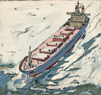 Ермолаев Н.А. Танкер в волнах. 1960-е г. Бумага, акварель, гуашь, 16,2х17,5 см. Ермолаев Николай 
