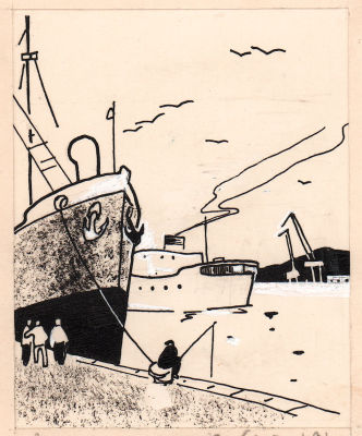 Жутовский Б.И. На пристани. Оригинал иллюстрации к книге Велтистова Е. "Приключения на дне 