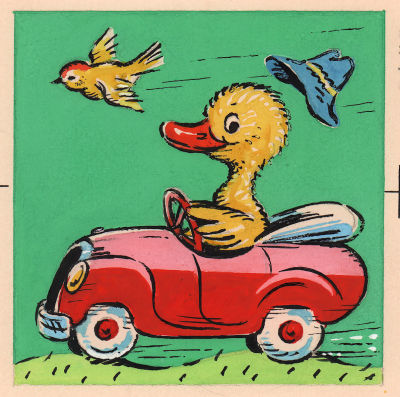 Зотов К.В. Утенок на машине. Иллюстрация к детской книге. 1960-е гг. Бумага, тушь, акварель. 