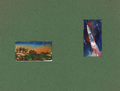 Зуев О.А. Ракета и домики. Оригинал иллюстрации (миниатюры) к журналу "Костер", 1970-е гг. 