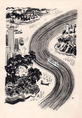 Иткин А.З. Берега. Иллюстрация к книге М. Ильина "Воспоминания юнги Захара Загадкина" 1961 г. 