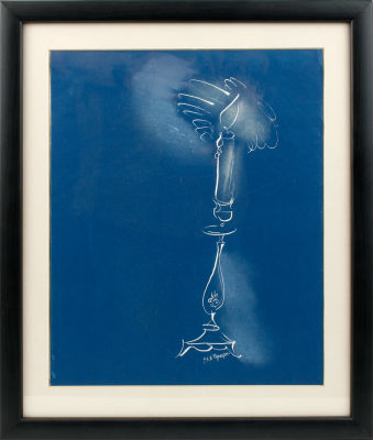 Траугот Г.А.В. Свеча. Начало 2000-х гг. Синяя бумага, белила, белый мелок, 32х24,5 см в свету. 