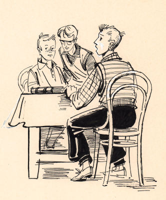 Алимов Б.А. За столом. Оригинал иллюстрации к книге В. Вынту "Кто такой Ницэ Пеницэ", Детгиз 