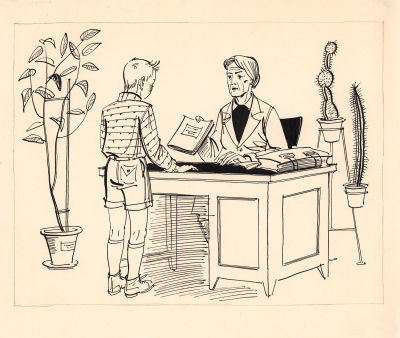 Алимов Б.А. Учительница. Оригинал иллюстрации к книге В. Вынту "Кто такой Ницэ Пеницэ", Детгиз 