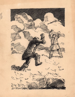 Алякринский. П.А. Схватка. Оригинал иллюстрации к книге Н. Шпанова "Тайна профессора Бураго" 