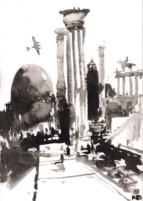 Батынков К.А. Город. 2011 г. Бумага, тушь. Лист 41,7х29,7 см. В правом нижнем углу монограмма. 