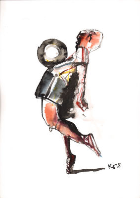 Батынков К.А. На грудь. Серия "Аут". 2018 г. Бумага, акварель. Лист 41,7х29,7 см. В правом 