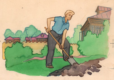 Бирюков Л.Д. В огороде. Оригинал иллюстрации к книге "Три друга". Москва : - Детгиз, 1960. 