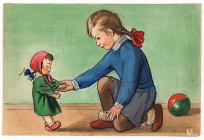 Брей А.А. Девочка и кукла. Оригинал иллюстрации к кадру из диафильма. 1950-е гг. Бумага 
