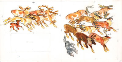 Брей А.А. Олени и волк. Оригинал иллюстрации к книге "У кого рога больше" Москва, Малыш, - 1977 