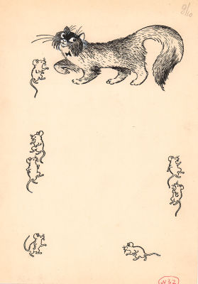 Вальк Г.О. Кошка и мышки. Оригинал иллюстрации к книге И. Курлата "Настоящие мальчишки" 1969 