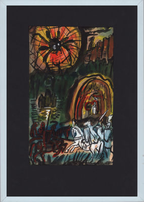 Дувидов В.А. Сказочная композиция. Бумага, тушь, акварель. 1970-80-е гг. Лист в раме и паспарту 