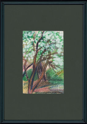 Дувидов В.А. Яблони в цвету. Бумага, смешанная техника. 1980 г. Лист на бумажной подложке в 