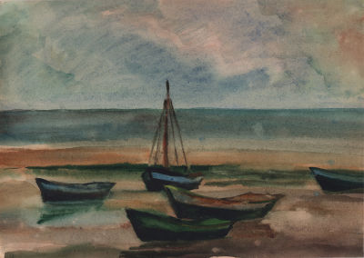 Дувидов В.А. Лодки на берегу. Бумага, акварель. 1970-е гг. Лист 28х39 см. От наследников художника.
