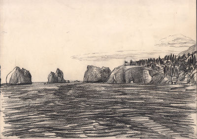 Дувидов В.А. Корабль у прибрежных рифов. Бумага, уг. карандаш. 1970-е гг. Лист 30х42 см. От 