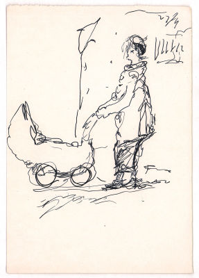 Фонвизин А.В. С коляской. 1950-е гг. Бумага, тушь, перо. Лист 22х15 см. От наследников художника. 